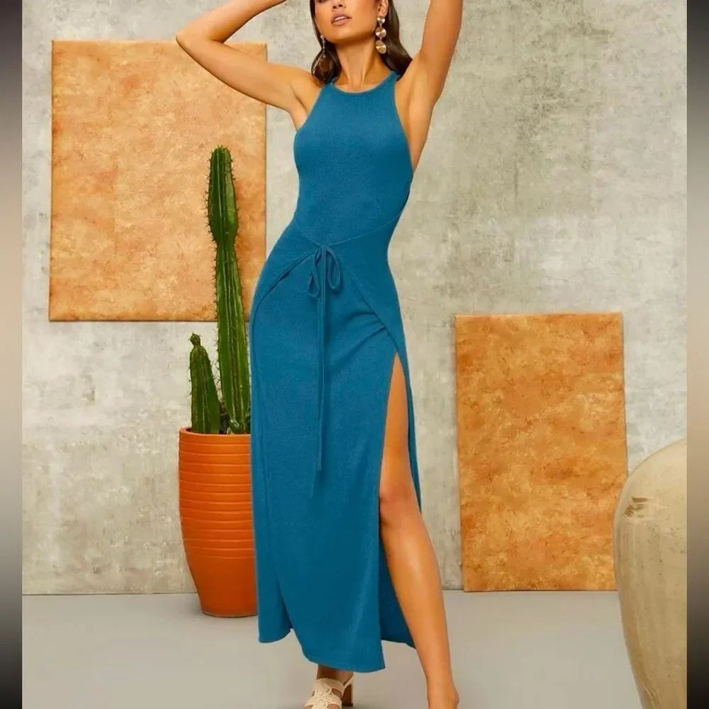 Blue Wrap Front Tie Side Slips Maxi Dress